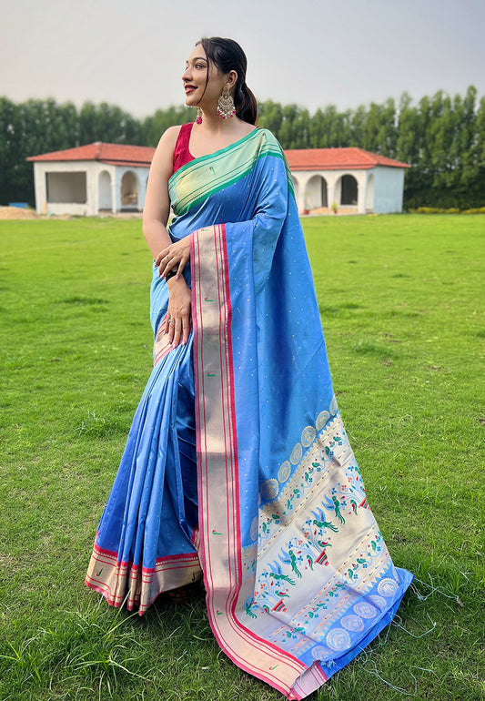 Kusum Sky Blue Paithani Silk Woven Saree