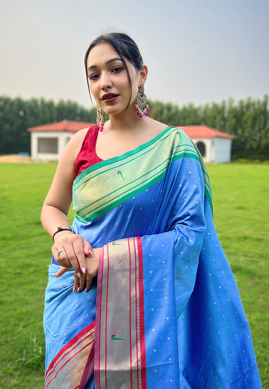 Kusum Sky Blue Paithani Silk Woven Saree