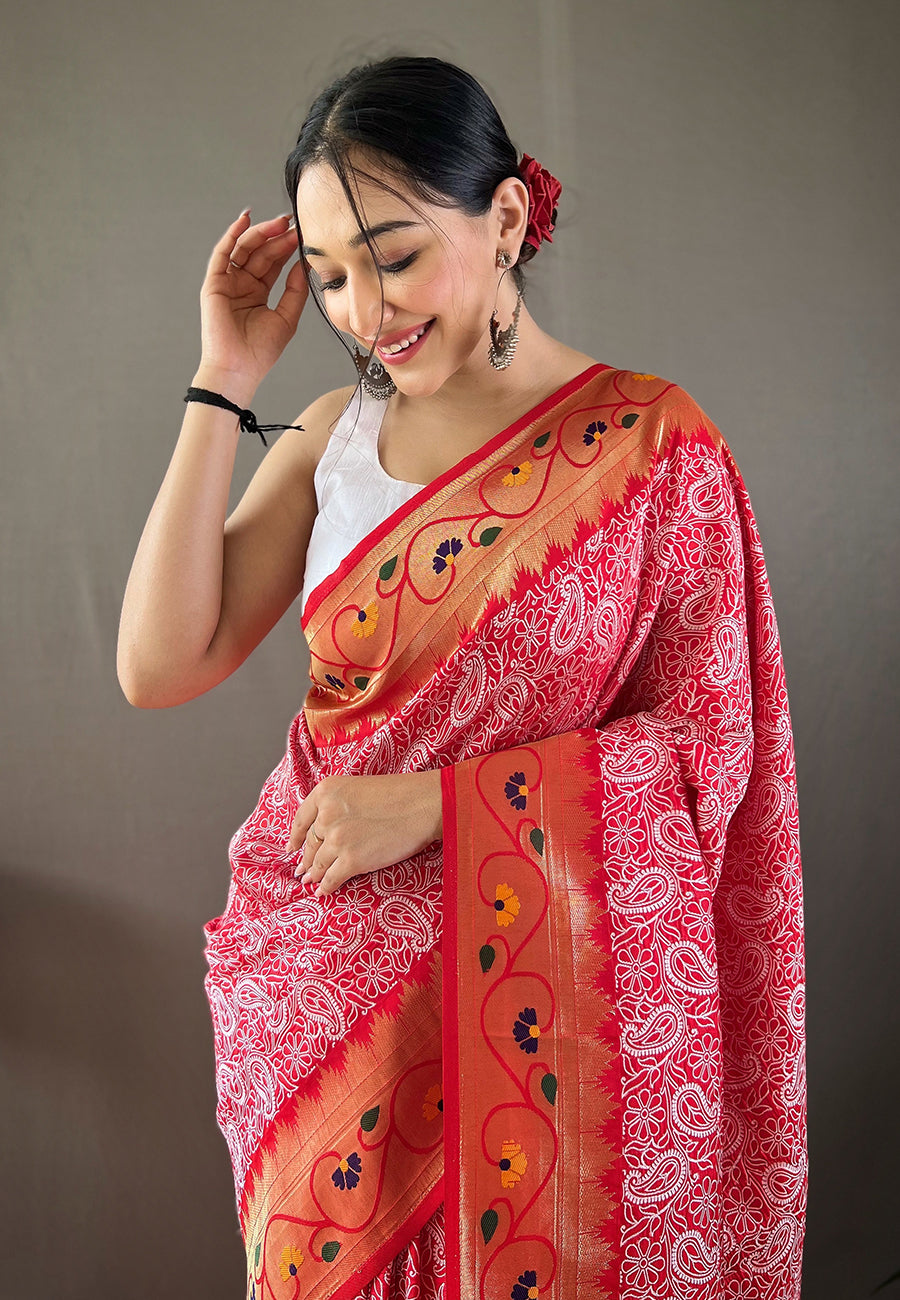 Red Parvati Lucknowi Paithani Silk Saree