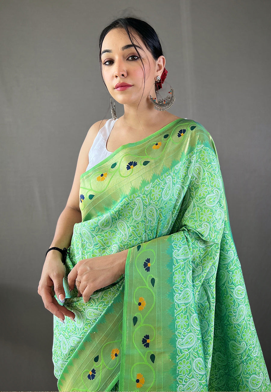 Pistachio Green Parvati Lucknowi Paithani Silk Saree