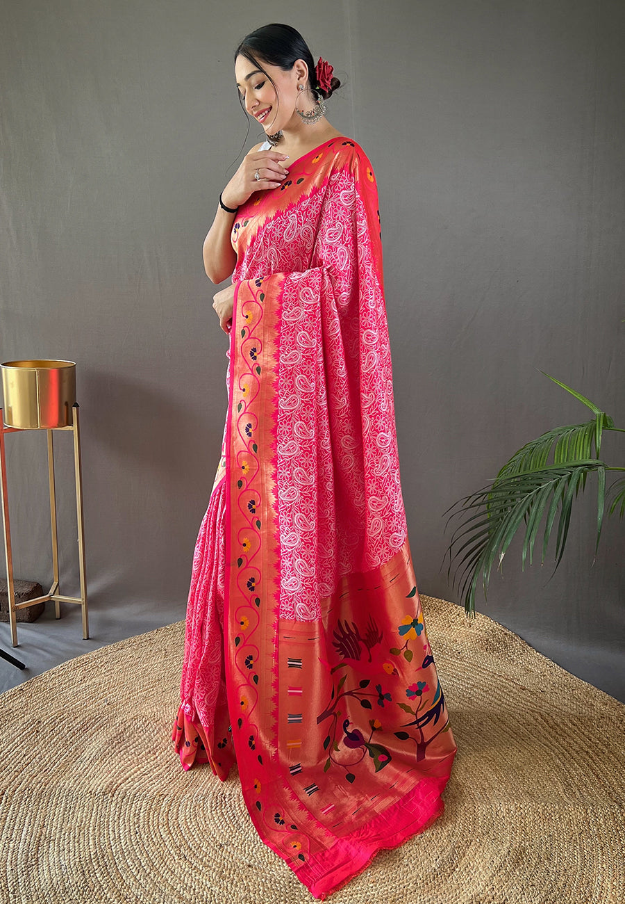 Pink Parvati Lucknowi Paithani Silk Saree