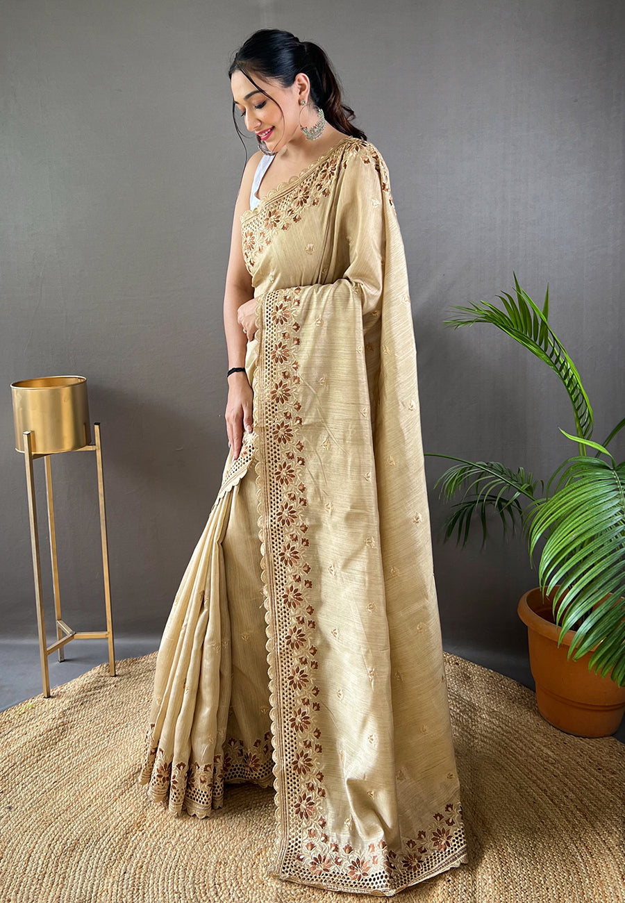 Ivory Amaira Tussar Silk Embroidered Saree