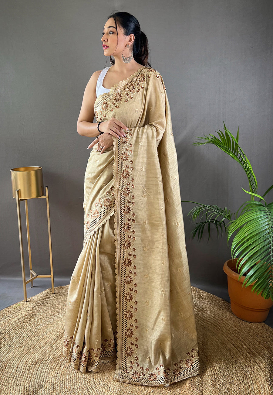 Ivory Amaira Tussar Silk Embroidered Saree