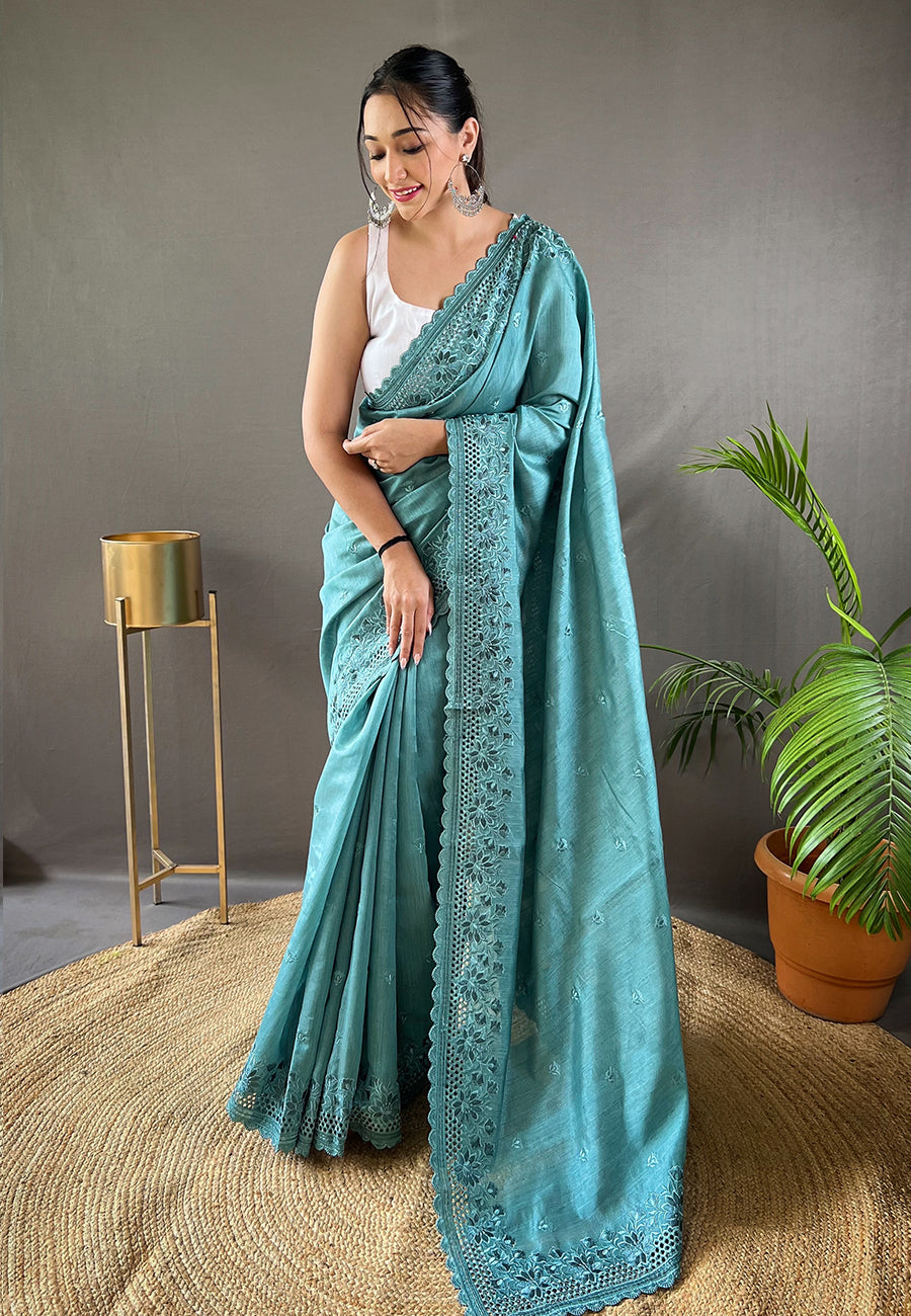 Blue Amaira Tussar Silk Embroidered Saree