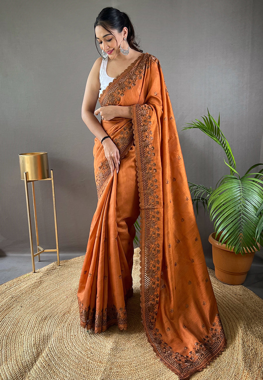 Orange Amaira Tussar Silk Embroidered Saree