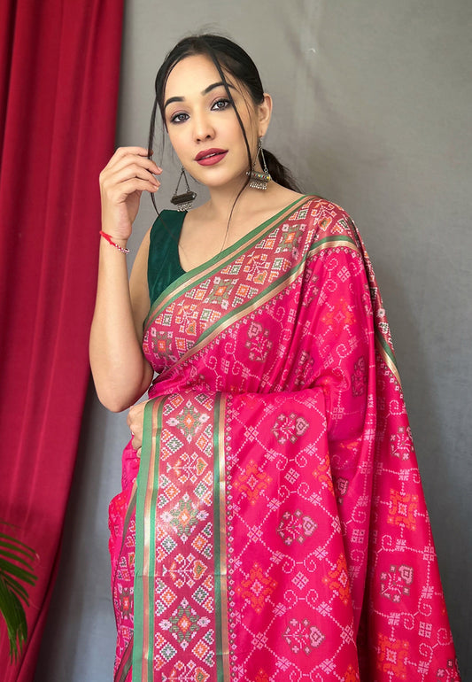 Rangeen Patola Contrast Woven Silk Saree Hot Pink