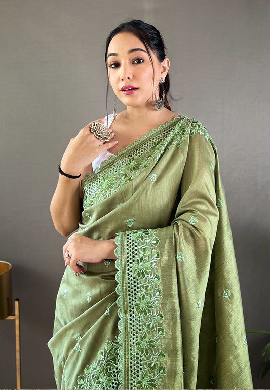 Green Amaira Tussar Silk Embroidered Saree