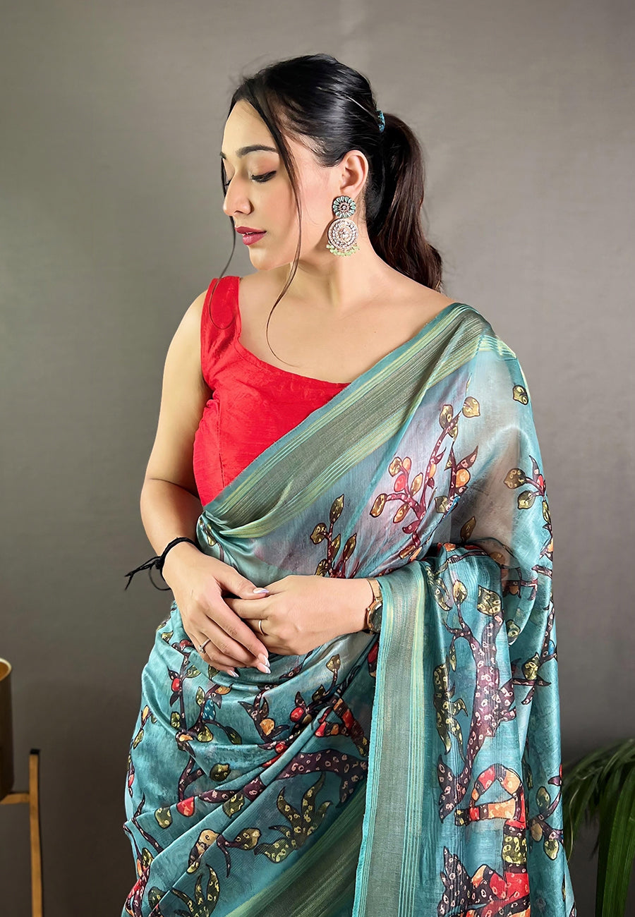 Blue Moksha Cotton Silk Kalamkari Printed Saree