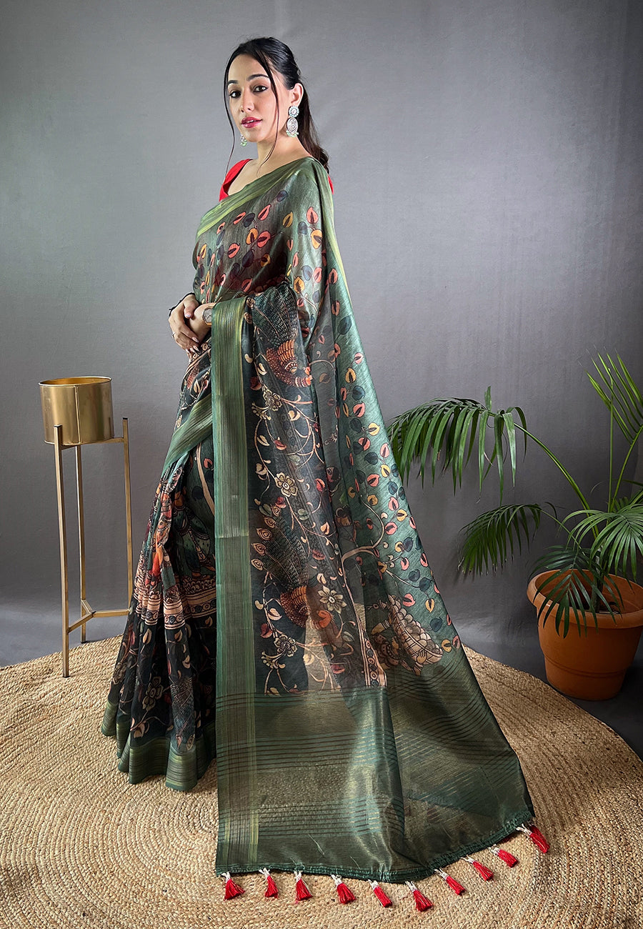 Dark Green Moksha Cotton Silk Kalamkari Printed Saree