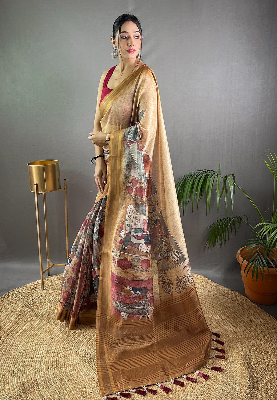 Lion Brown Moksha Cotton Silk Kalamkari Printed Saree