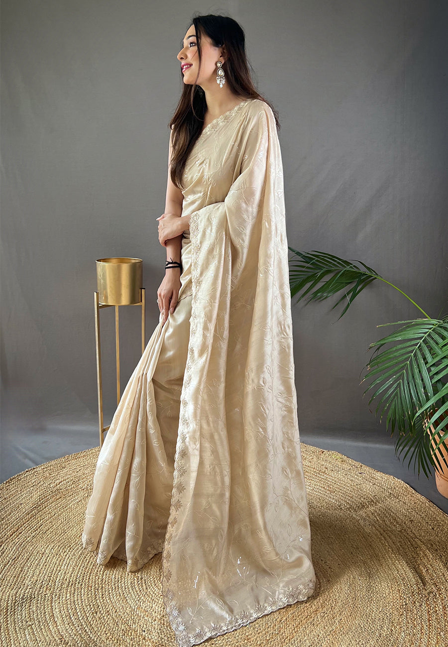 Ivory Falak Matka Silk Embroidered Sequins Designer Saree