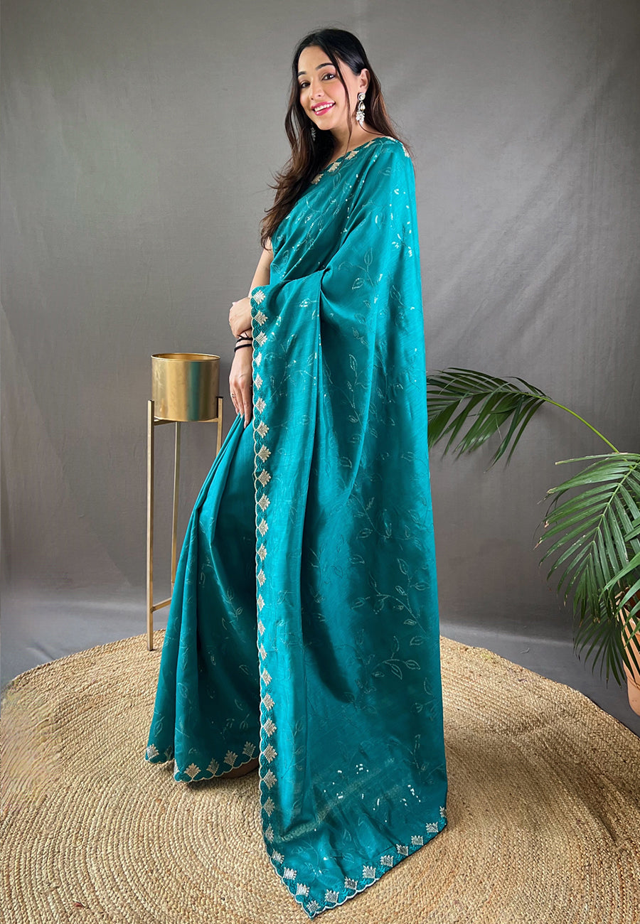 Cyan Blue Falak Matka Silk Embroidered Sequins Designer Saree