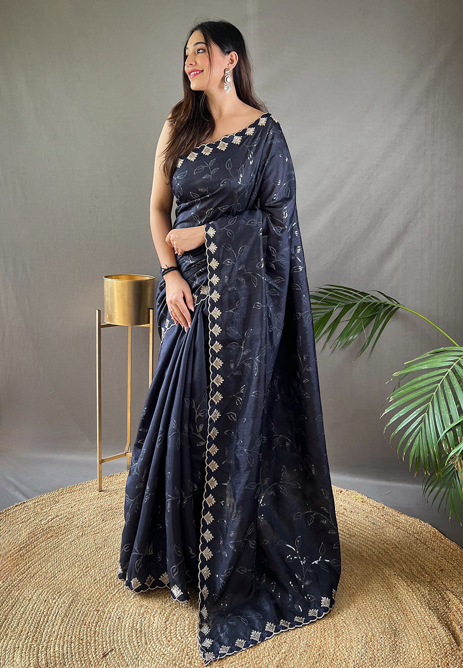 Bluish Grey Falak Matka Silk Embroidered Sequins Designer Saree