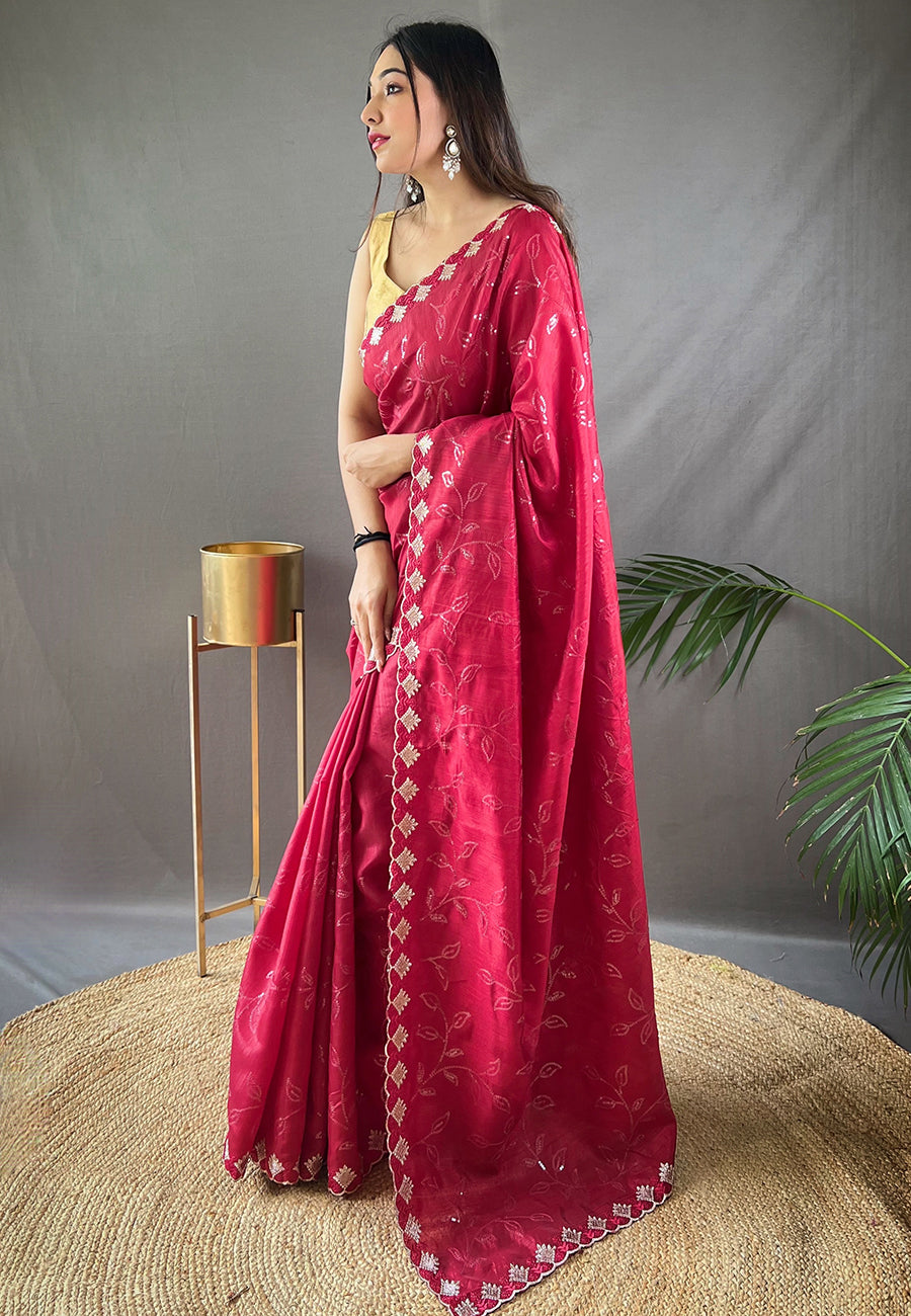 Rose Red Falak Matka Silk Embroidered Sequins Designer Saree