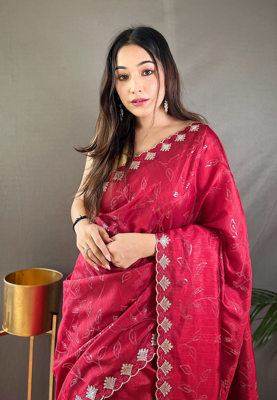 Rose Red Falak Matka Silk Embroidered Sequins Designer Saree