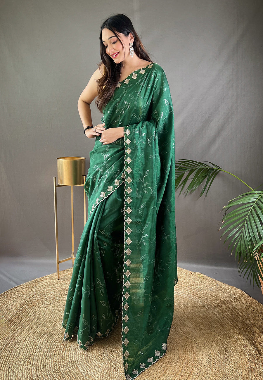 Mineral Green Falak Matka Silk Embroidered Sequins Designer Saree