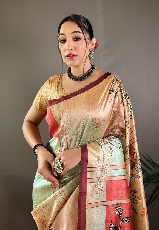 Silk Floral Printed Ready to wear Saree with Stitched Blouse