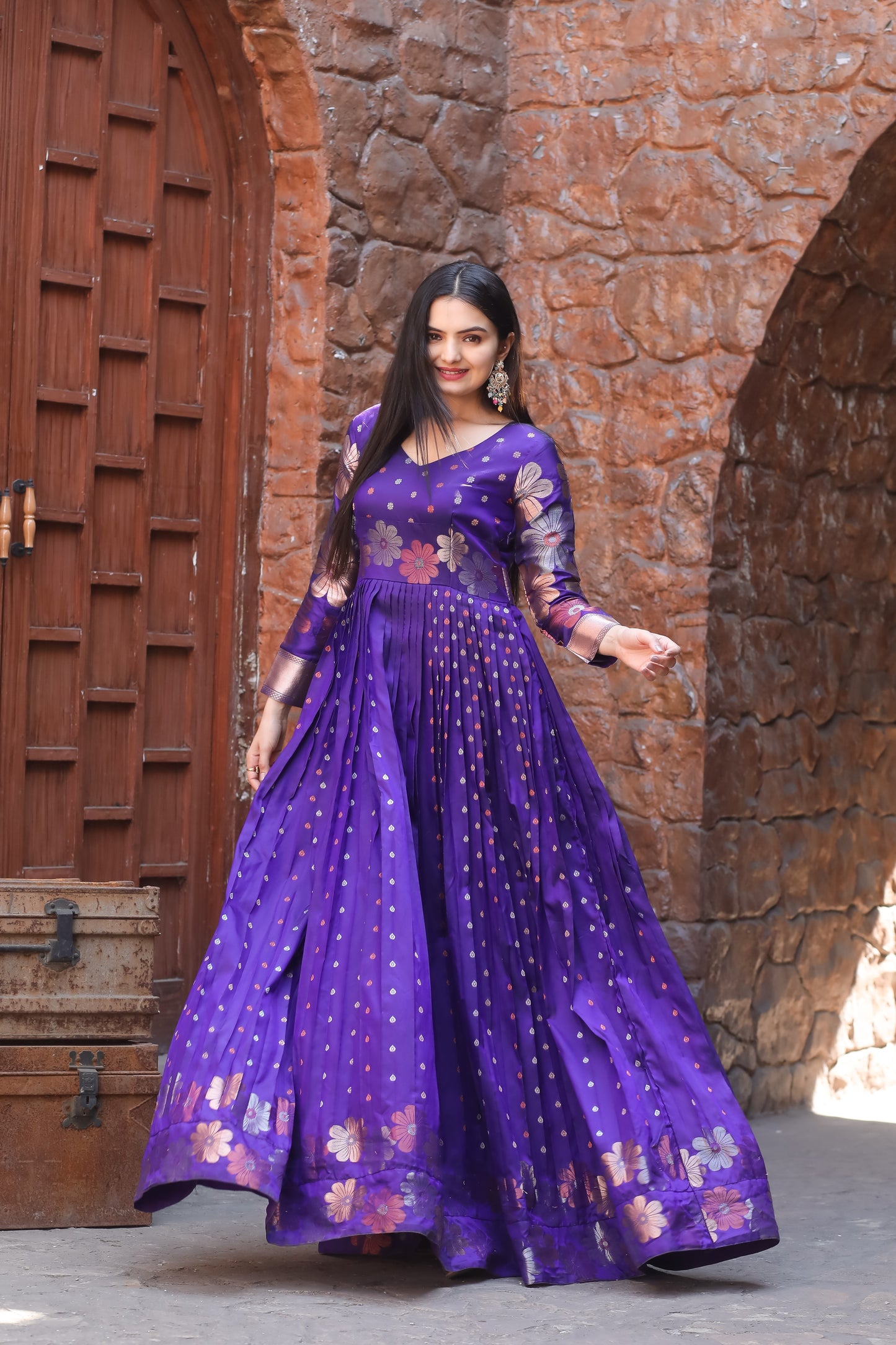 Violet Designer Flared Readymade Gown With Gold Zari Weaving