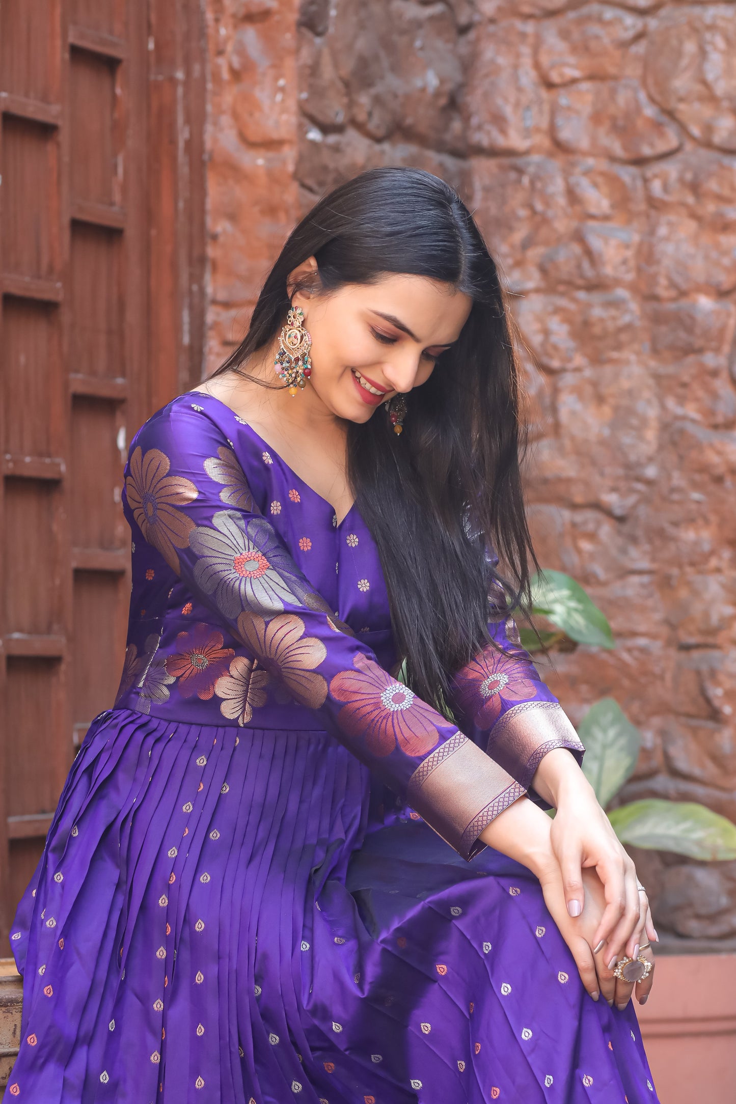 Violet Designer Flared Readymade Gown With Gold Zari Weaving