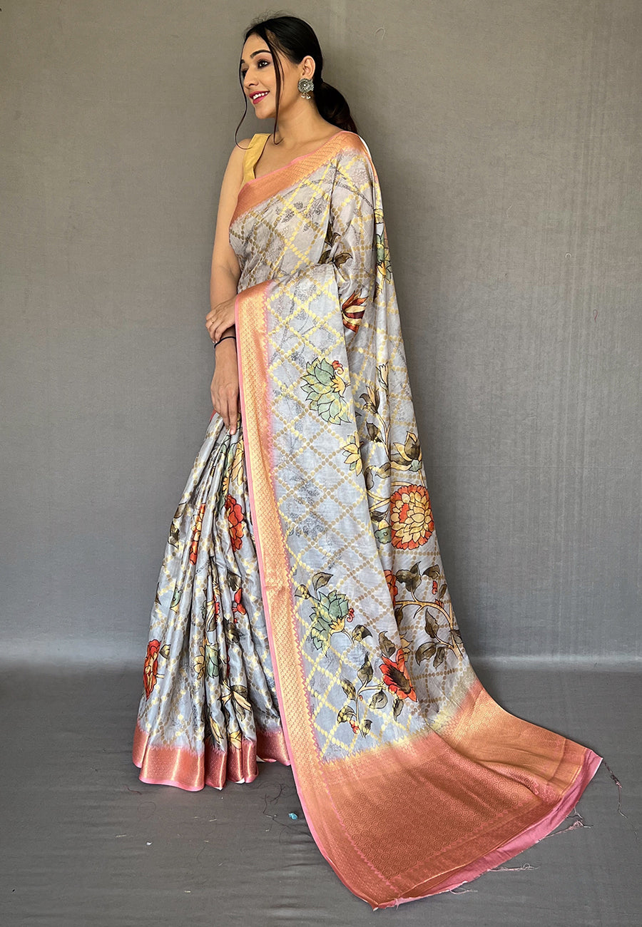 French Grey Soft Pure Muslin Floral Printed Woven Saree