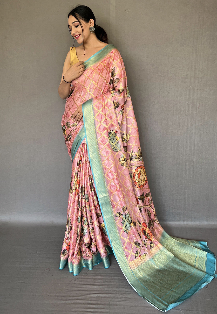 Rose Pink Soft Pure Muslin Floral Printed Woven Saree