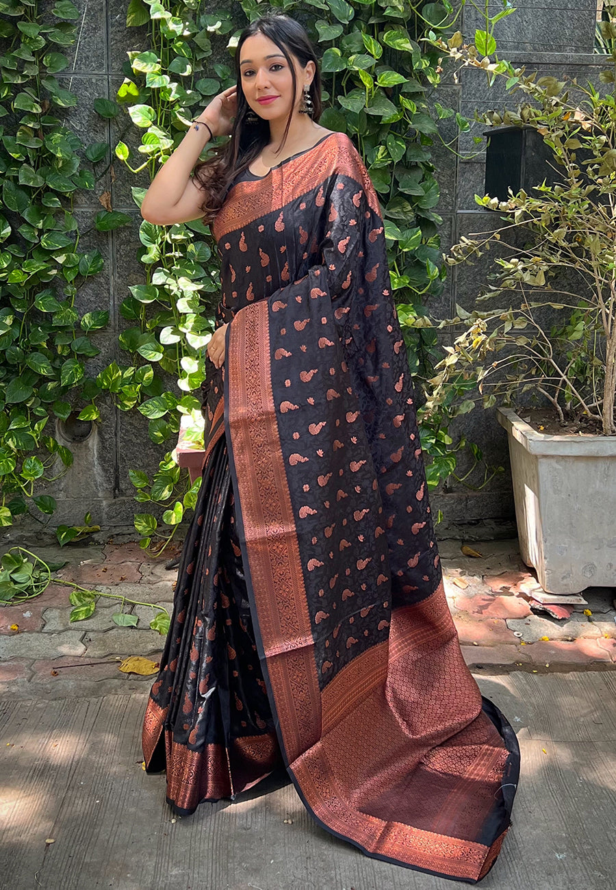 Black Sita Banarasi Silk Copper Zari Woven Saree