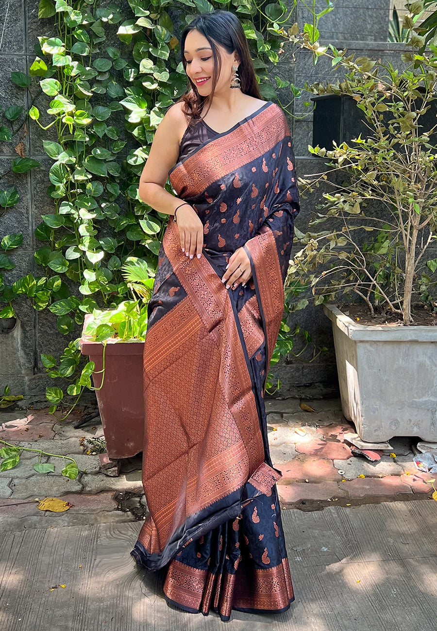 Black Sita Banarasi Silk Copper Zari Woven Saree
