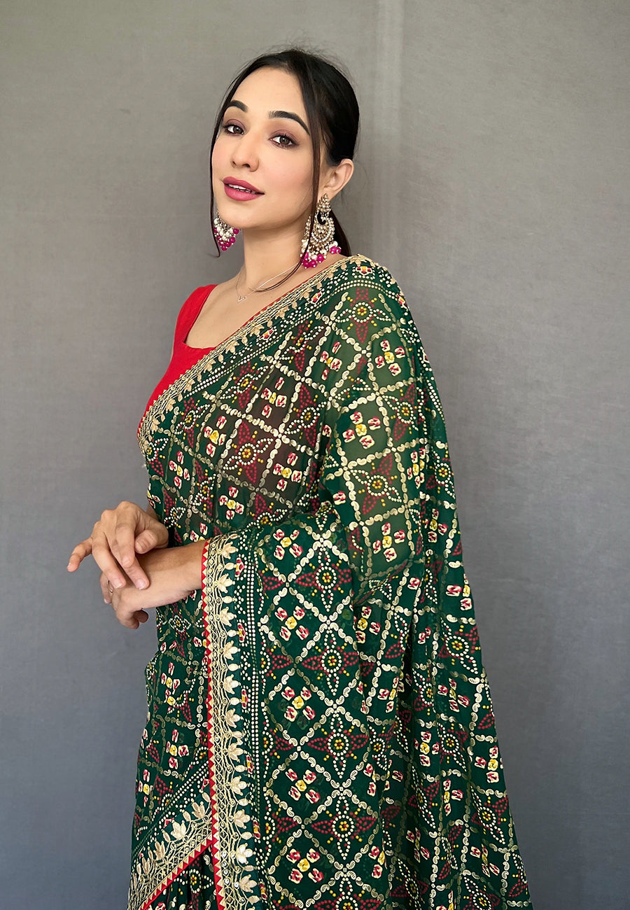 Green Georgette Bandhani Gota Patti Embroidered Saree