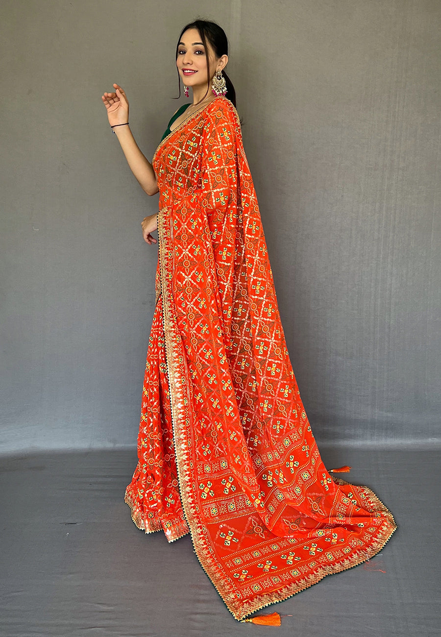 Orange Georgette Bandhani Gota Patti Embroidered Saree