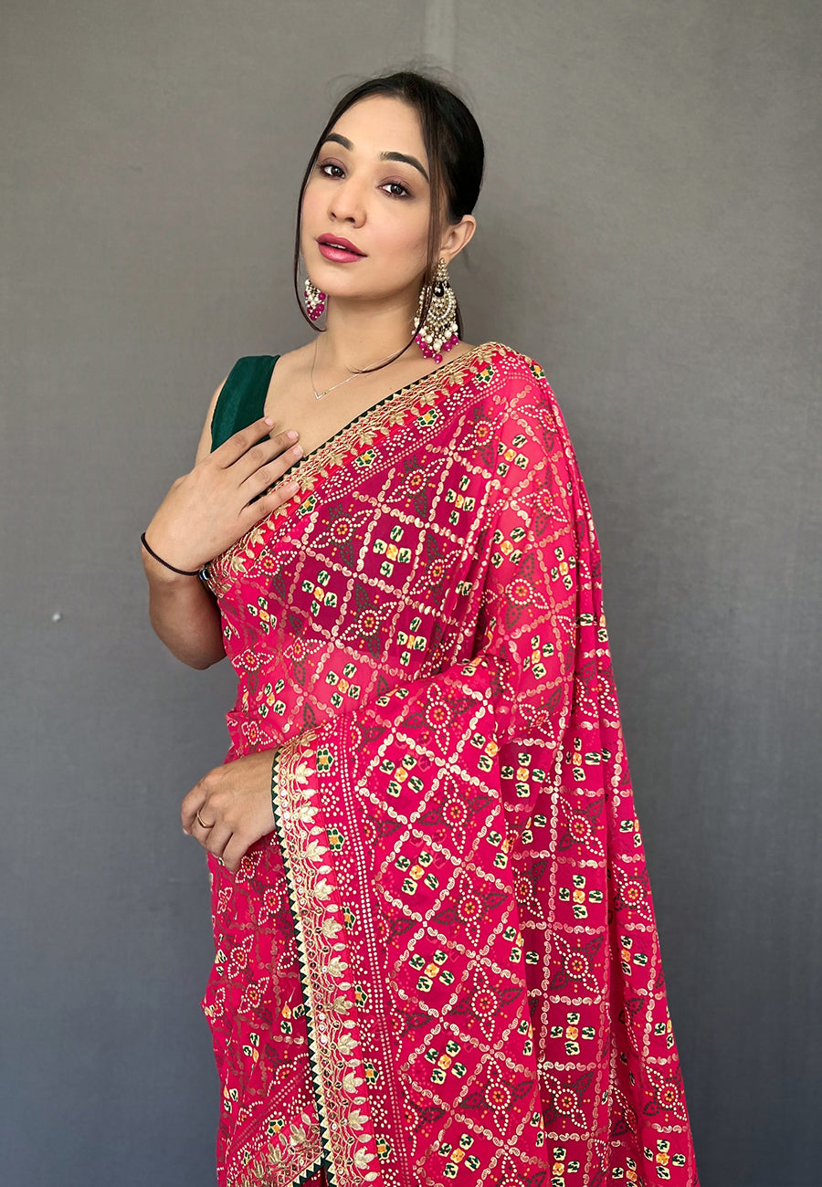 Pink Georgette Bandhani Gota Patti Embroidered Saree