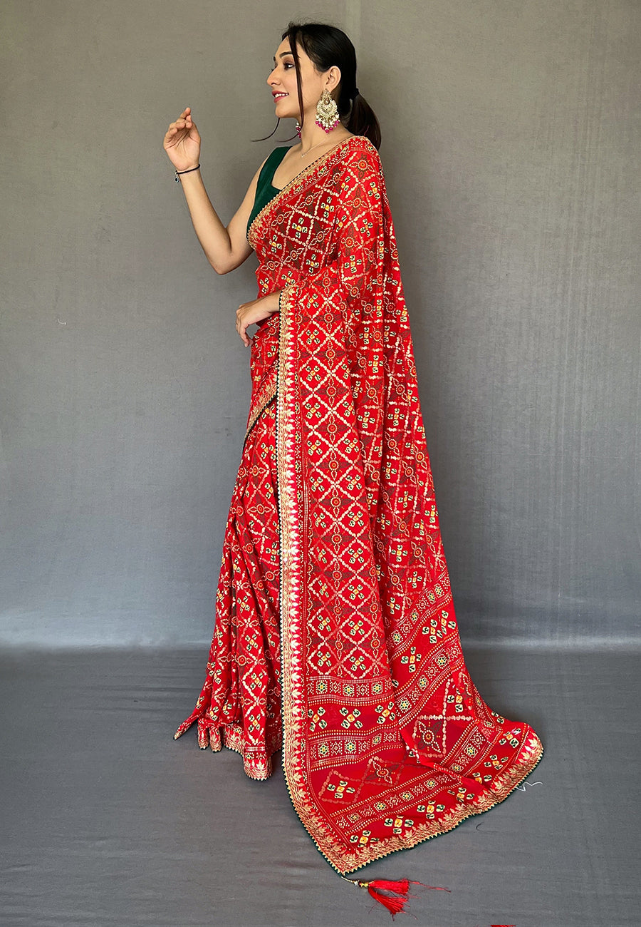 Red Georgette Bandhani Gota Patti Embroidered Saree