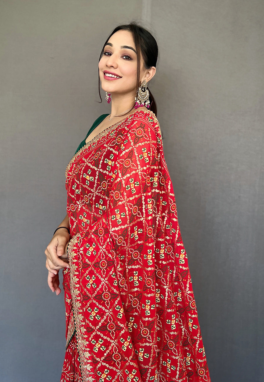 Red Georgette Bandhani Gota Patti Embroidered Saree
