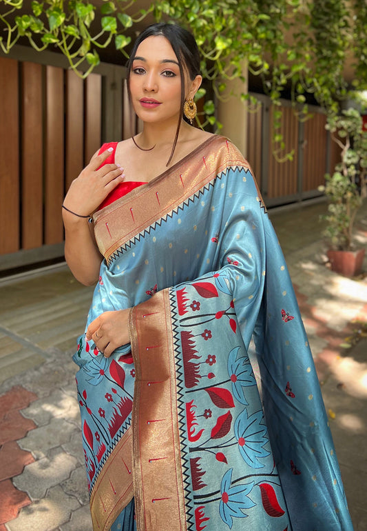 Pastel Blue Titli Royal Paithani Silk Zari Woven Saree