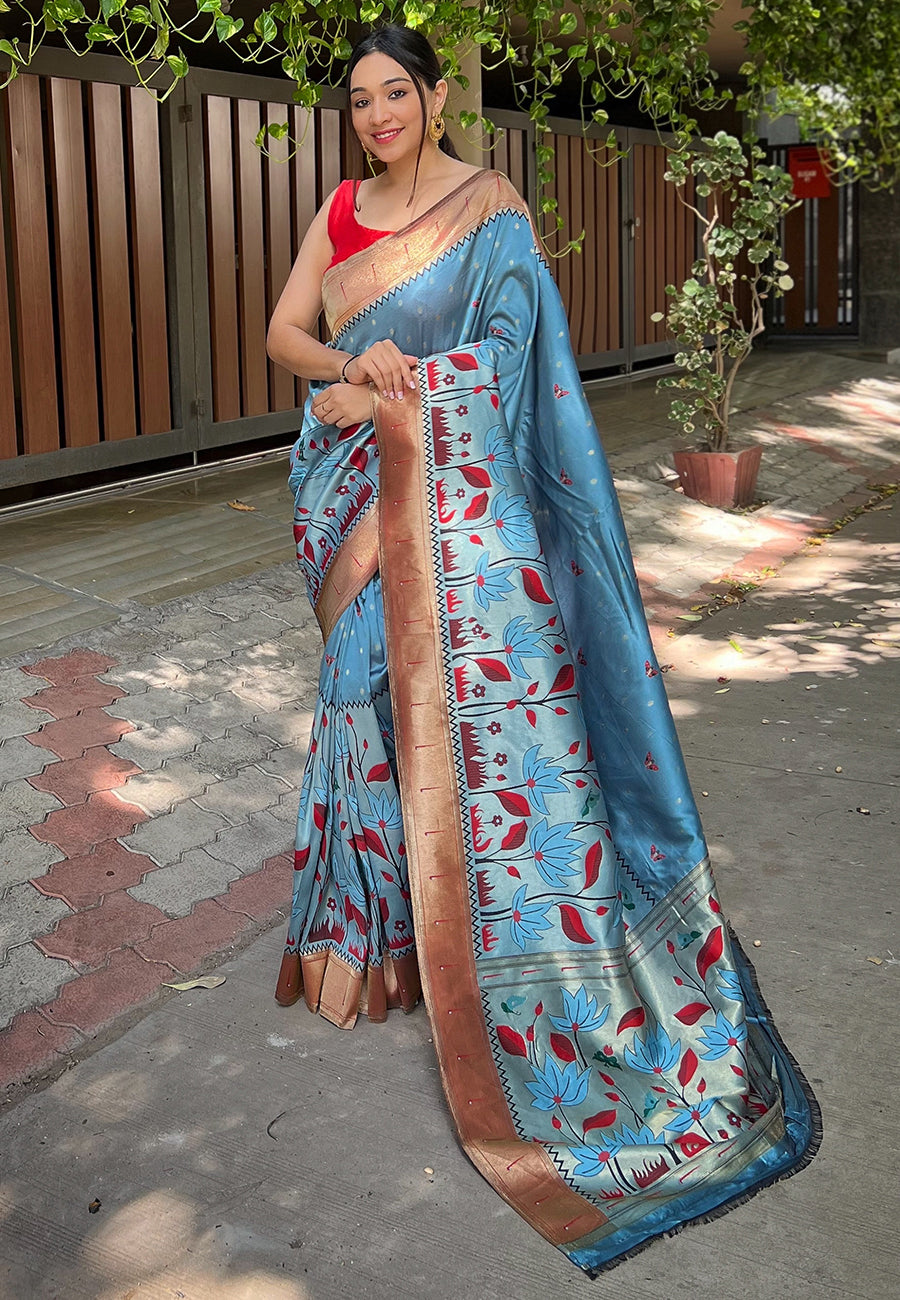 Pastel Blue Titli Royal Paithani Silk Zari Woven Saree