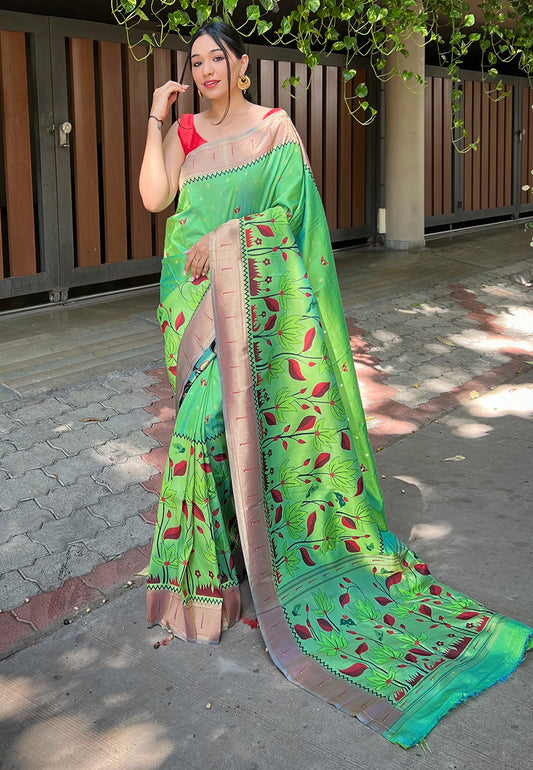 Olive Green Titli Royal Paithani Silk Zari Woven Saree
