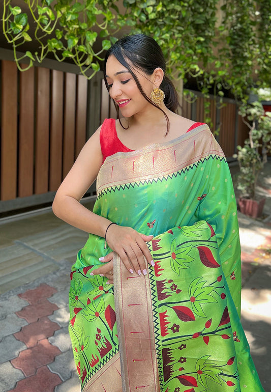 Olive Green Titli Royal Paithani Silk Zari Woven Saree