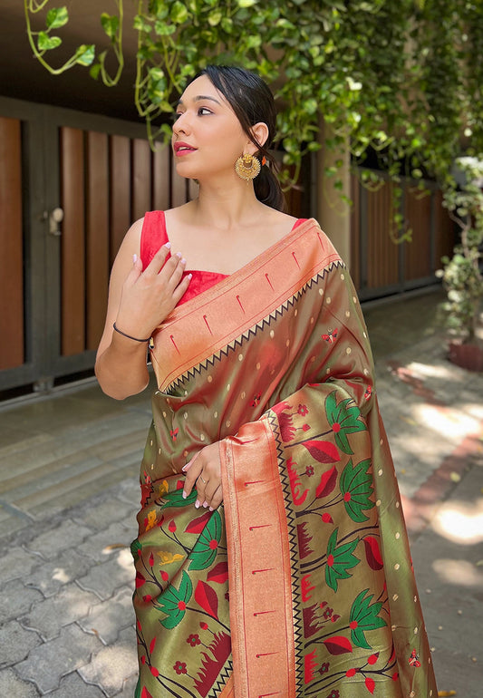 Mehendi Green Titli Royal Paithani Silk Zari Woven Saree