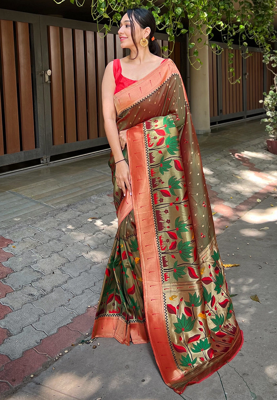 Mehendi Green Titli Royal Paithani Silk Zari Woven Saree