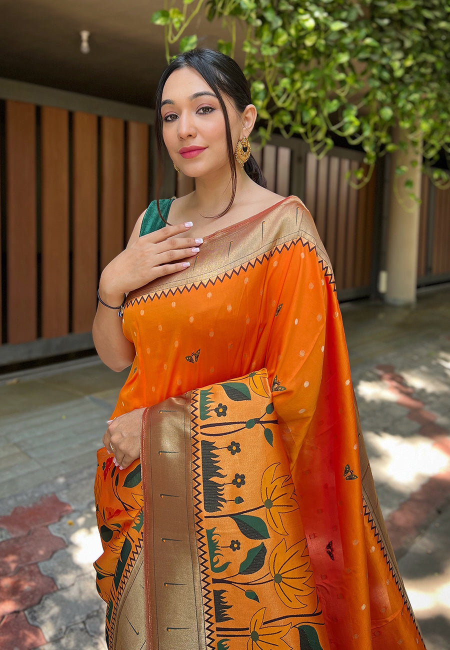 Orange Titli Royal Paithani Silk Zari Woven Saree