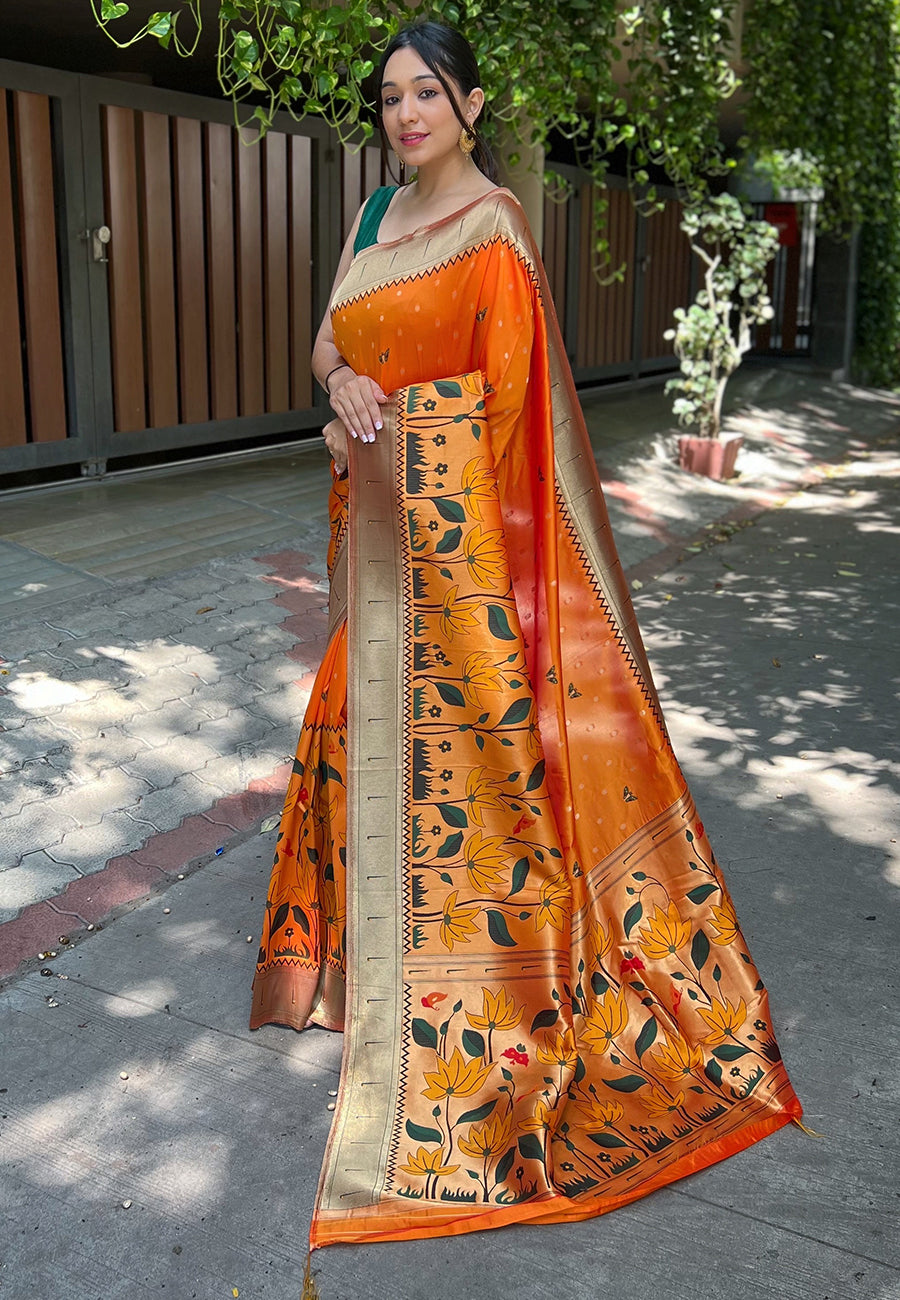 Orange Titli Royal Paithani Silk Zari Woven Saree