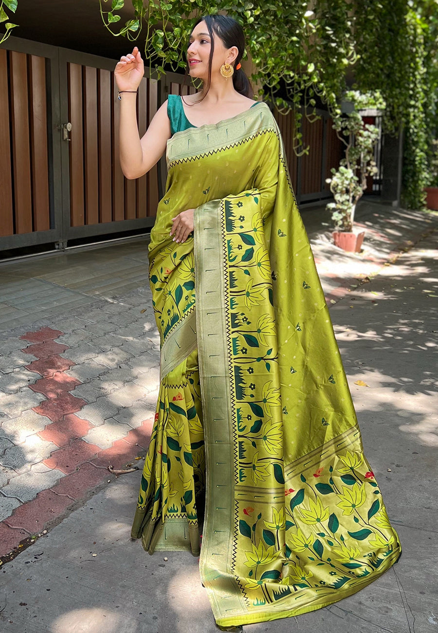Avocado Green Titli Royal Paithani Silk Zari Woven Saree