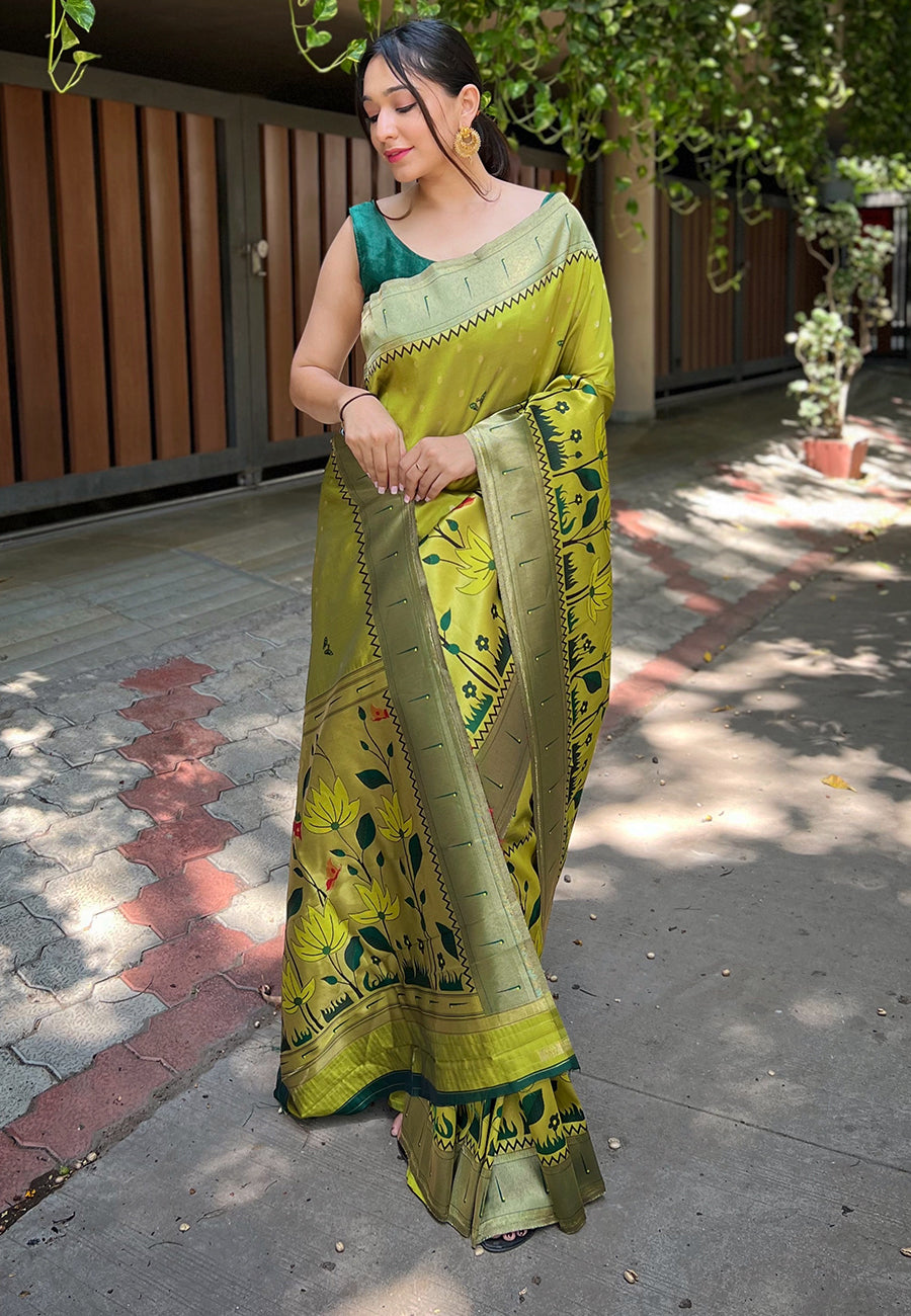Avocado Green Titli Royal Paithani Silk Zari Woven Saree
