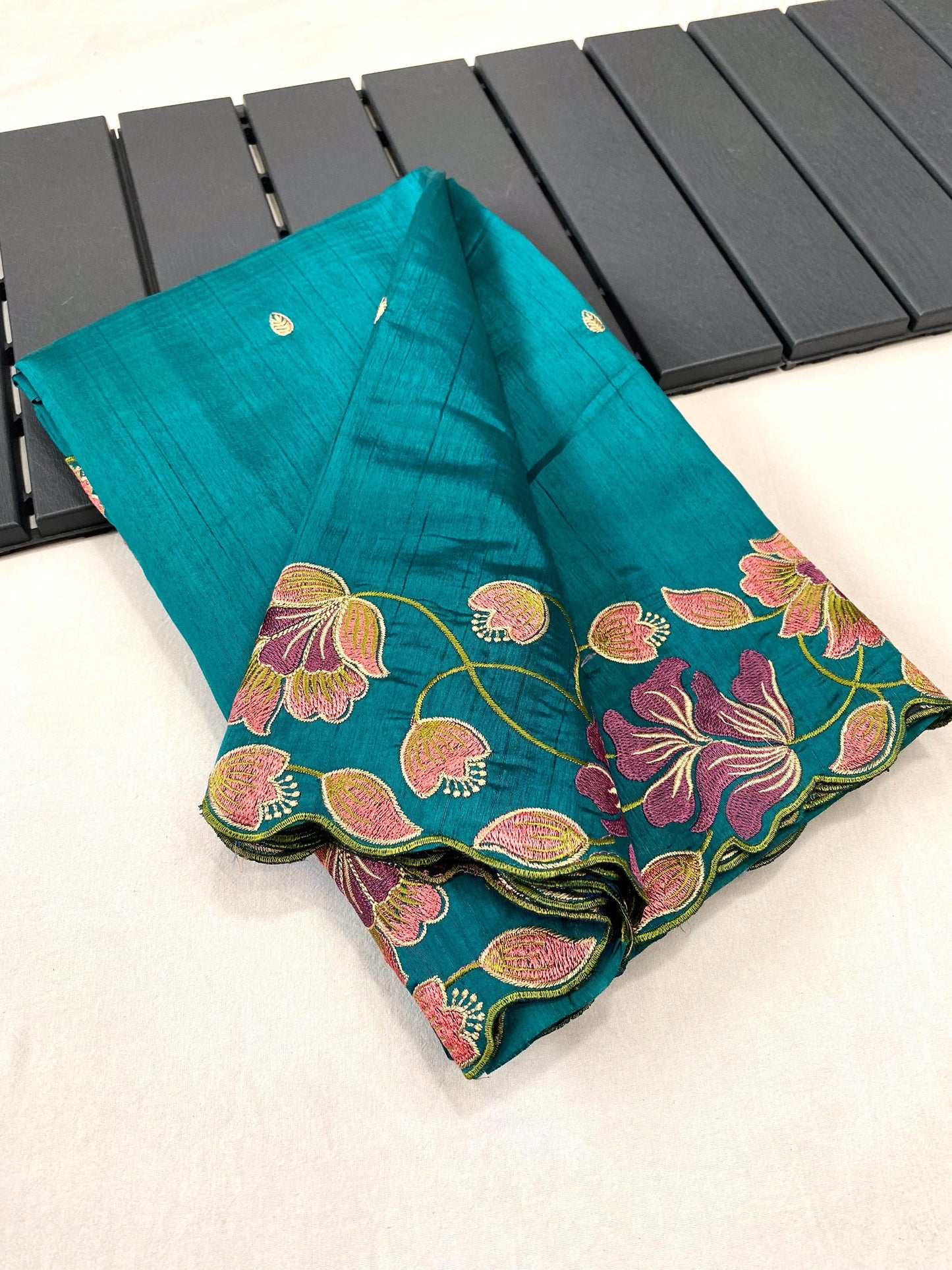 Cyan Silk Saree With Embroidery Work And Cutwork Border