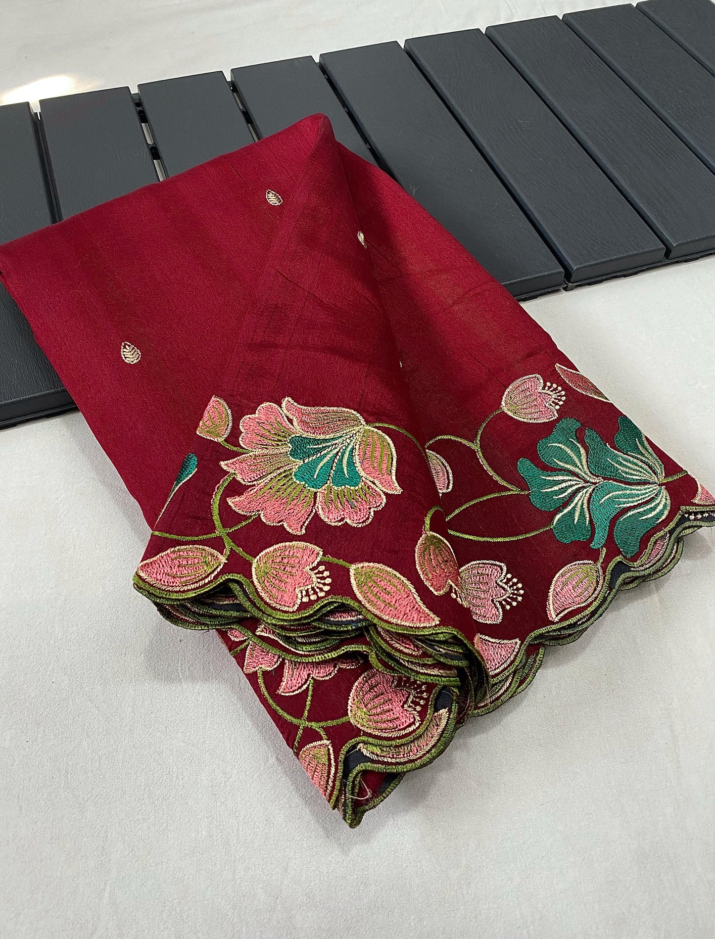 Red Oxide Silk Saree With Embroidery Work And Cutwork Border