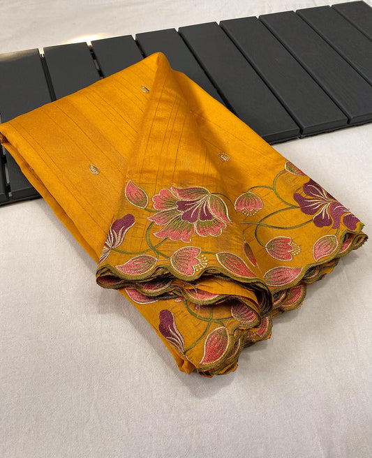 Yellowish Orange Silk Saree With Embroidery Work And Cutwork Border