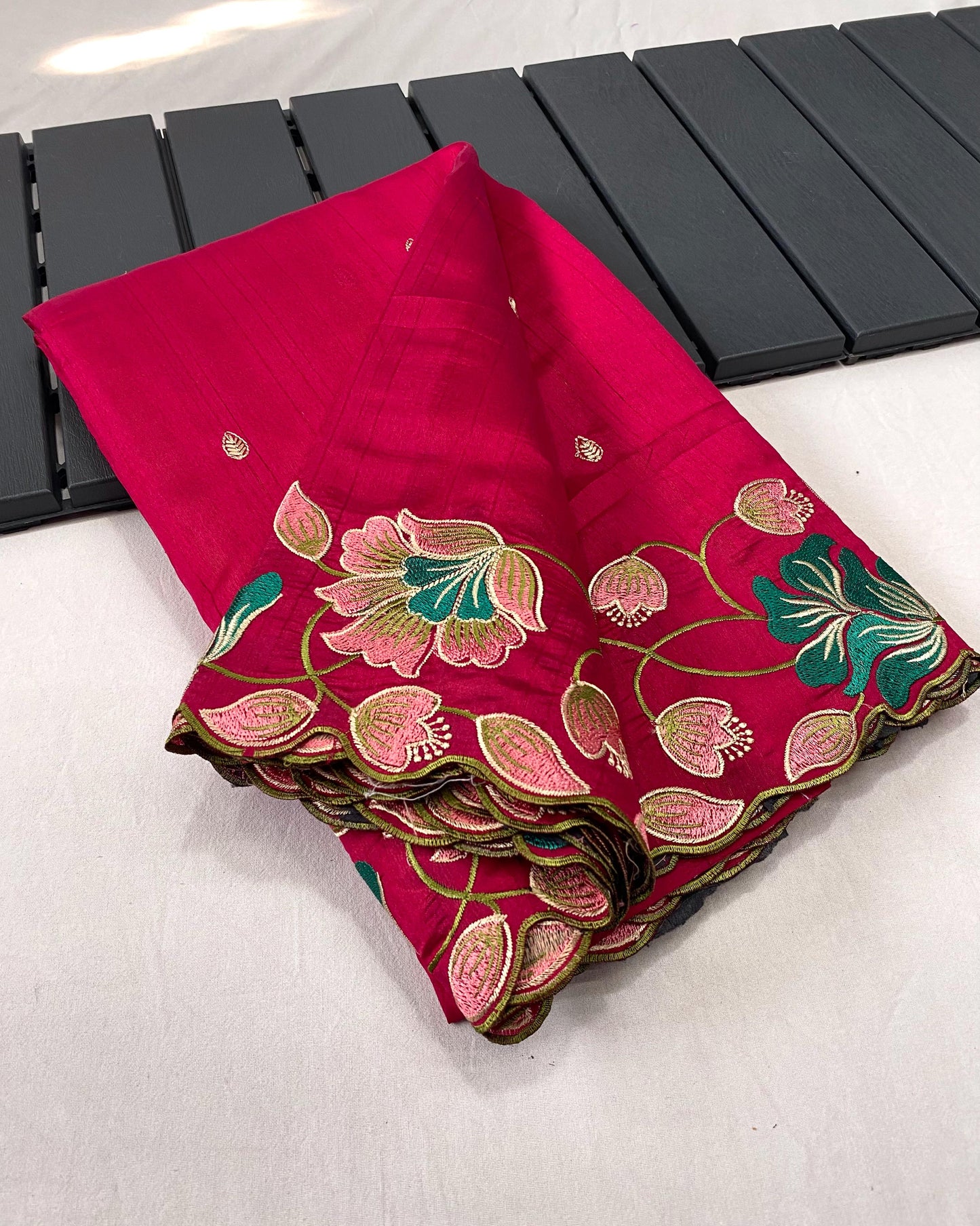 Rose Red Silk Saree With Embroidery Work And Cutwork Border
