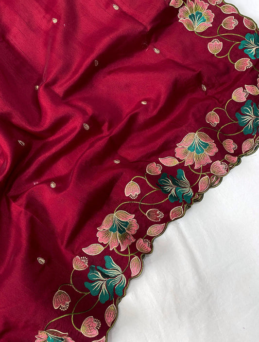 Red Oxide Silk Saree With Embroidery Work And Cutwork Border