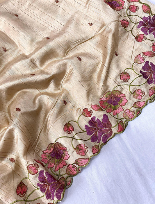 Dairy Cream Silk Saree With Embroidery Work And Cutwork Border