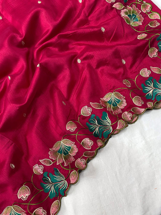 Rose Red Silk Saree With Embroidery Work And Cutwork Border