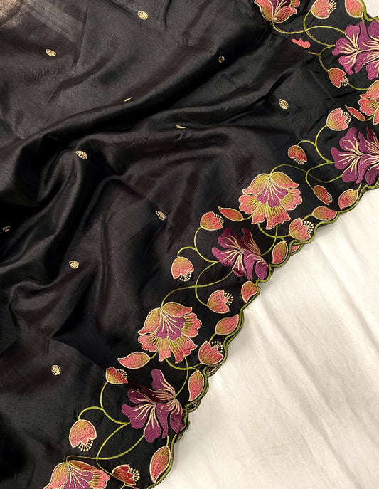 Black Silk Saree With Embroidery Work And Cutwork Border